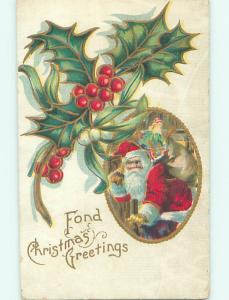 Pre-Linen christmas SANTA CLAUS UNDER THE HOLLY AND MISTLETOE hr3109