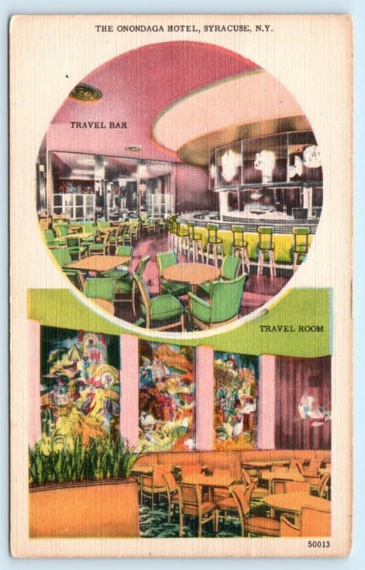 2 Postcards SYRACUSE, NY ~ Travel Room ONONDAGA HOTEL Travel Bar c1940s Linen