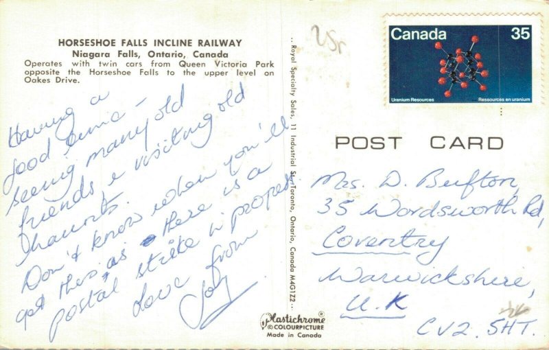 Canada Horseshoe Falls Incline Railway Niagara Falls Ontario Postcard 07.15