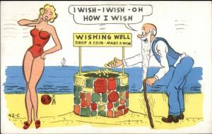 Bathing Beauty & Old Man at Wishing Well Comic Postcard