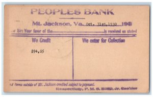 1930 Peoples Bank We Credit $94.85 Mt. Jackson Virginia VA Antique Postal Card