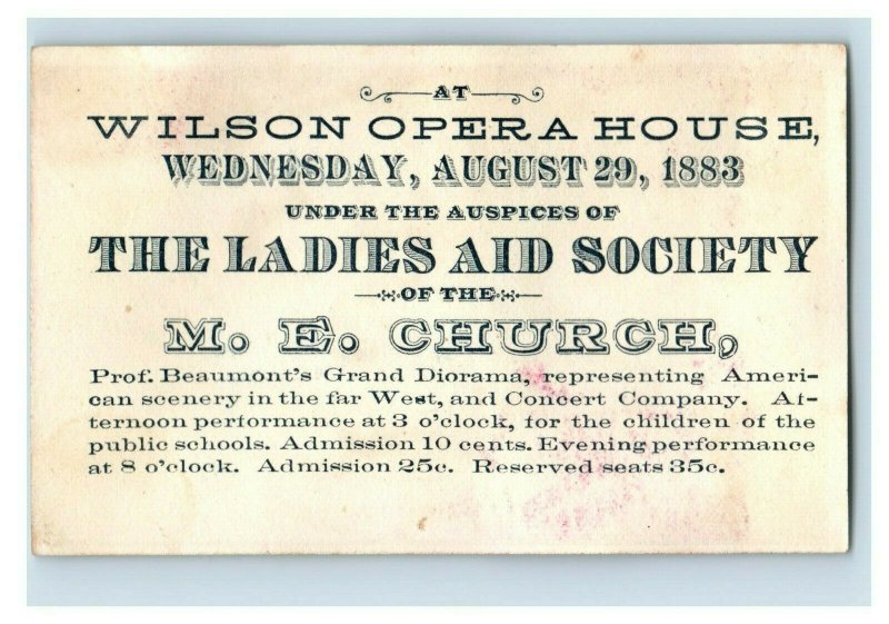 1883 Prof. Beaumont's Grand Diorama Wilson Opera House Victorian Trade Card P140