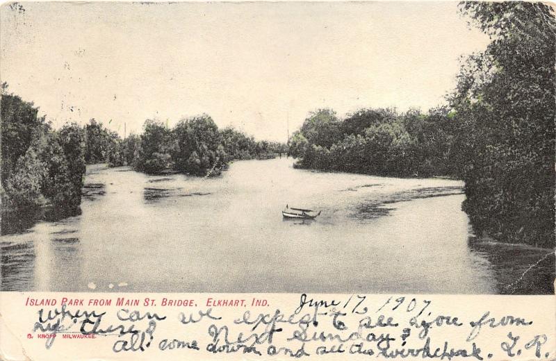 Elkhart Indiana~Island Park from Main Street Bridge~Little Boat in Water~1907 Pc