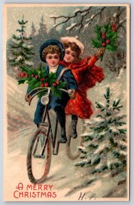 Christmas~Boy & Girl On Bicycle Gather Holly~Ride Through Snow~Emboss~BW 296