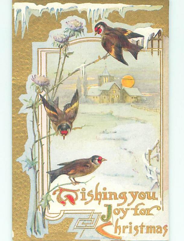 Pre-Linen christmas BEAUTIFUL BROWN BIRDS SIT ON DEAD FLOWERS IN WINTER hr2850