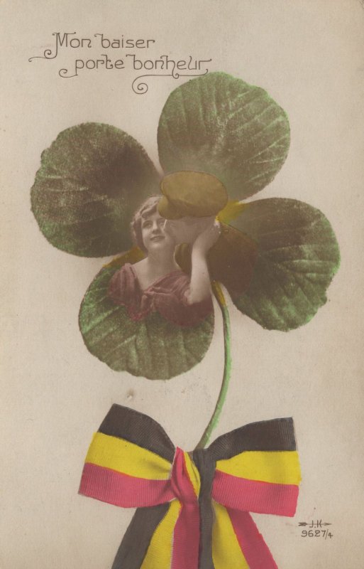 German Bow Tie With Flag Irish Four Leaf Clover WW1 Postcard