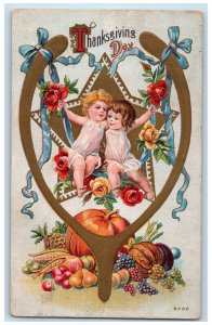 c1910's Thanksgiving Day Children Swing Wishbone Embossed Winsch Back Postcard 