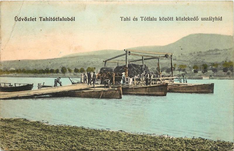 1905-1915 Printed Postcard Hungary Tahitótfaluból Ferry w Horsedrawn Hay Wagons