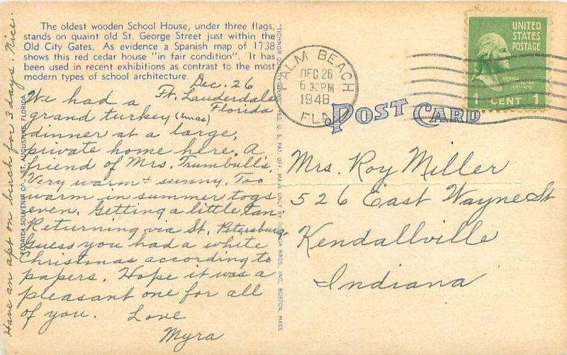 St Augustine FL Oldest Schoolhouse WB Postcard Postmarked 1948