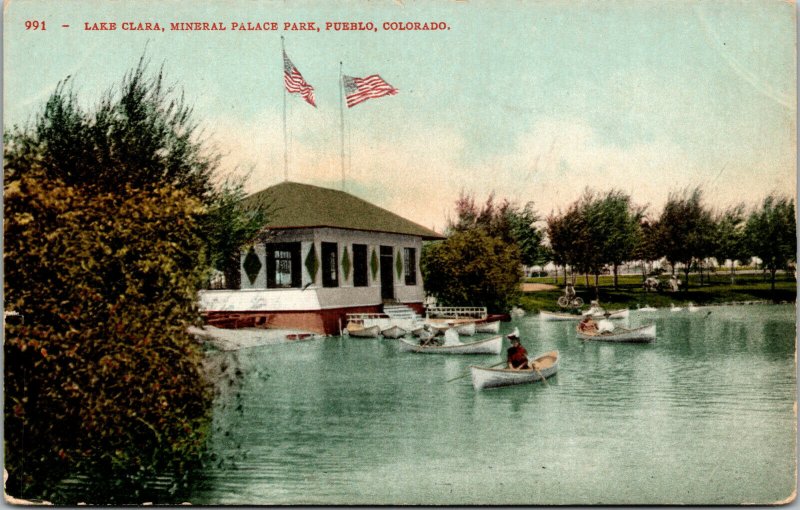 Vtg 1910s Boats on Lake Clara Mineral Palace Park Pueblo Colorado CO Postcard