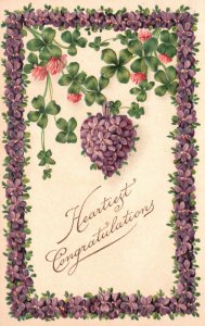 Vintage Postcard 1910's Heartiest Congratulations Purple Heart Flowers Greetings