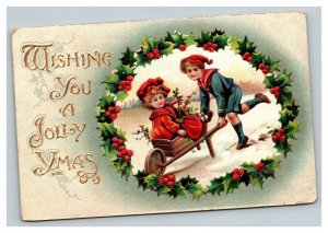 Vintage 1915 Christmas Postcard Cute Children in Wheelbarrow of Mistletoe NICE