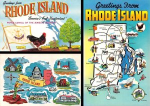 3~Postcards Rhode Island RI ~ GREETINGS Roadside Attractions~Map~State Flag~Bird
