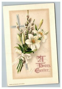 Vintage 1921 John Winsch Easter Postcard Silver Cross White Flowers Embossed