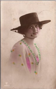 Victorian Woman With Hat Coloured Vintage RPPC C041