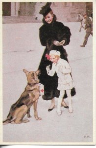 Mother and daugther with Red Cross Dog Modern Spanish, artist drawn, postcard