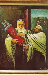 JUDAICA, Jewish Art, Katz, Artist, men w Torah Scrolls, Tallis, New Year, #37