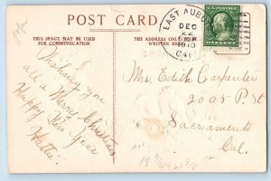 Christmas Postcard Song Birds Golden Holly Berries Embossed East Auburn CA 1910
