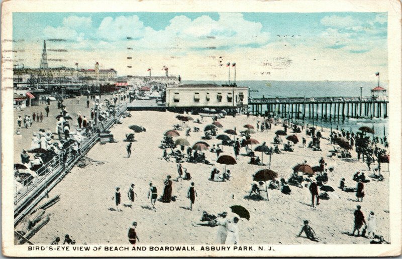 Vtg 1910s Birdseye View of Beach & Boardwalk Asbury Park New Jersey NJ Postcard