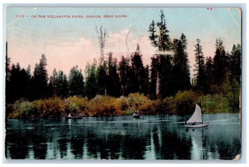 1912 Willamette River Lake Fishing Canoe Boat Salem Oregon OR Vintage Postcard