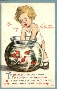 Valentines Little Boy Fishes for Valentine Fish Bowl Vintage Postcard