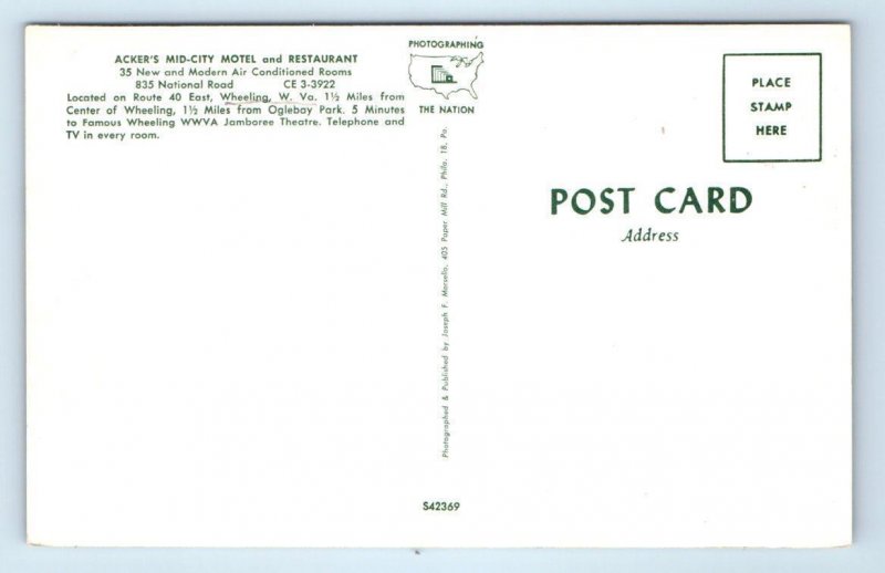 WHEELING, West Virginia WV ~ Roadside ACKER'S MID CITY MOTEL c1960s  Postcard