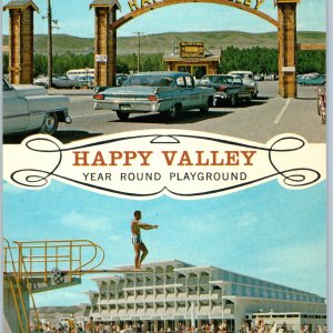 c1960s Calgary AB Happy Valley Park Postcard Swimming Pool Entrance Arch Cars