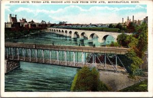 Stone Arch Third Ave. Bridge & Dam from 10th Ave. Minneapolis MN Postcard PC83