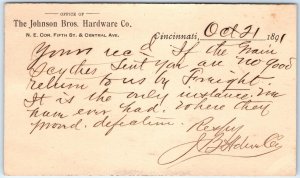 1891 Cincinnati, OH Johnson Bros Hardware Co Memo Letter Postcard Postal A70