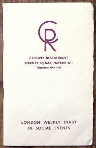 1955 COLONY RESTAURANT LONDON WEEKLY DIARY SOCIAL EVENTS DIARY BOOKLET Z5590