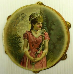 1880's Die-Cut Tambourine Thomas Bird & Son Lovely Lady Pink Dress Fab! 7R