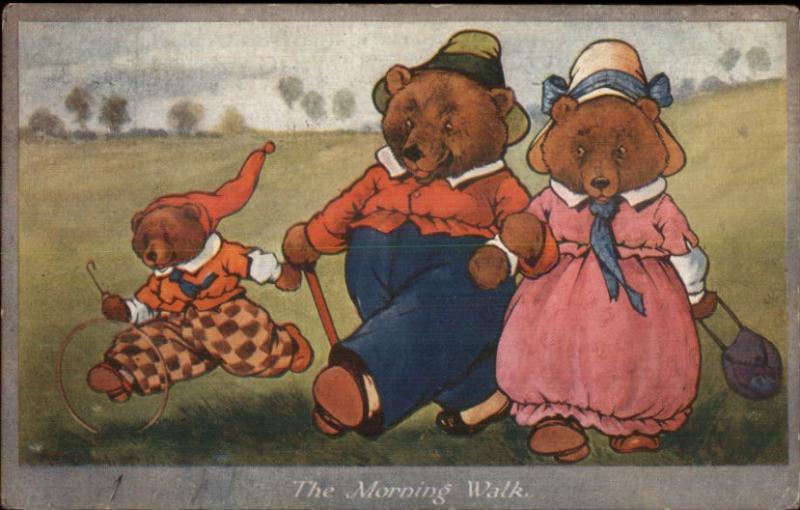 Fantasy - Cute Teddy Bear Family in Clothes THE MORNING WALK c1910 Postcard