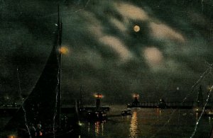 C.1910 Lighthouse Piers Moonlight Night Michigan City Indiana Postcard 2 P94