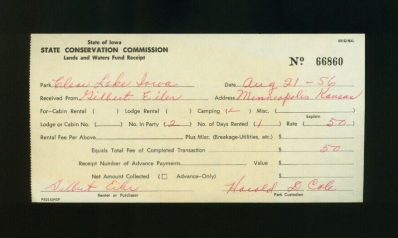 State Of Iowa Lands And Water Fund Receipt Vintage 1956