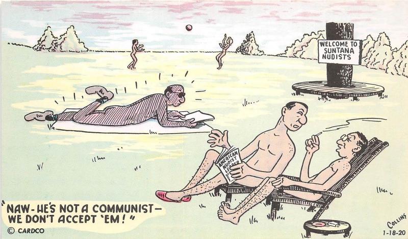 B27/ Comic Nude Nudist Postcard c1940-50s Communist Politics Sun Bathers 3