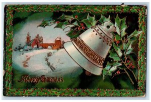 c1910's Christmas Ringing Bells Holy Berries House Winter Gel Gold Gilt Postcard