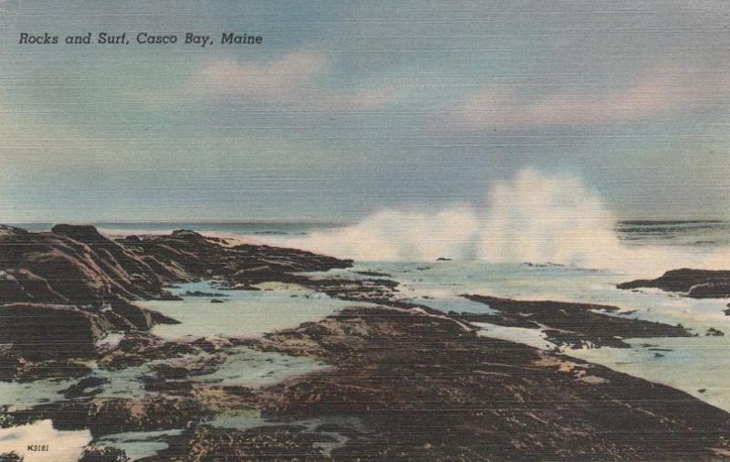 Rocks and Atlantic Ocean Surf at Casco Bay, Maine - pm 1957 - Linen