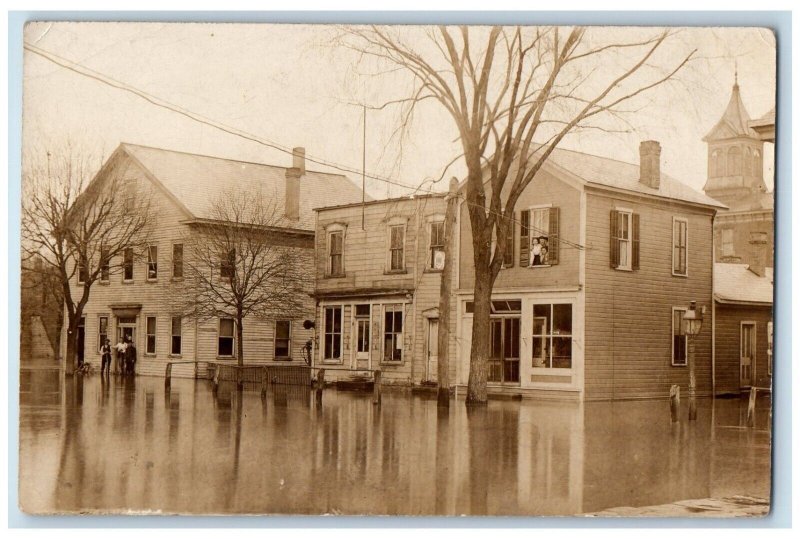 c1918 Town Flood Telephone Office Shop Men Women RPPC Photo Unposted Postcard