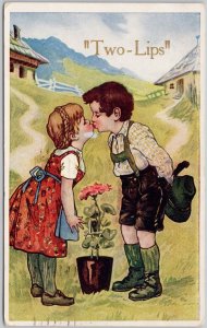 Vintage 'Two-Lips' Kids Kissing Christmas Boy Girl Tulips Postcard H76