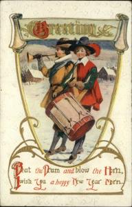 NEW YEAR Greetings Medieval Man and Boy w Bugle and Drum c1910 Postcard