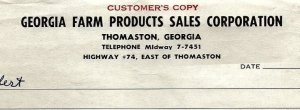 1967 GEORGIA FARM PRODUCTS SALES CORPORATION THOMASTON GEORGIA INVOICE 16-28