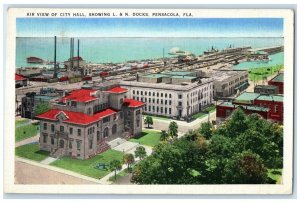 1938 Air View City Hall Showing Docks Port Exterior Pensacola Florida Postcard