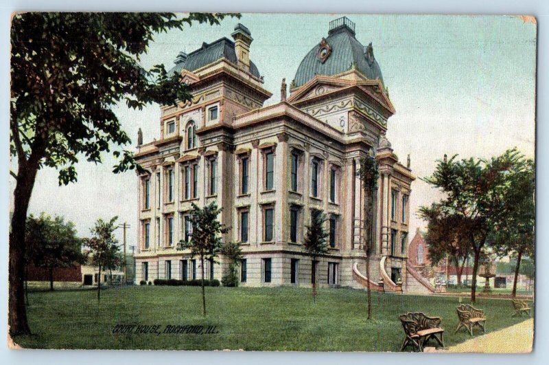 1909 Court House Building Park Benches Pathways View Rockford Illinois Postcard
