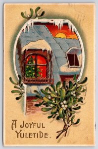 Postcard 1910 A Joyful Yuletide Christmas Greetings! Christmas Tree in Window