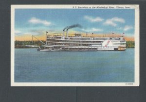 Post Card Clinton Iowa SS President On The Mississippin River