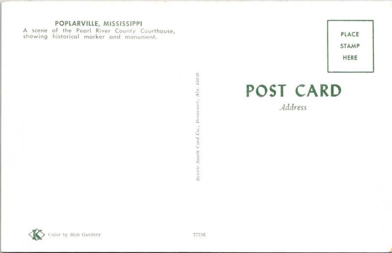 MS, Poplarville  PEARL RIVER COUNTY COURTHOUSE  Confederate Monument Postcard