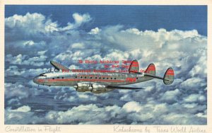 Advertising Linen Postcard, Trans World Airline, TWA Constellation Airplane