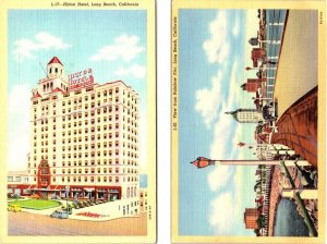 2~ca1940's Linen Postcards LONG BEACH, CA California HILTON HOTEL & RAINBOW PIER