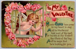 K47/ Valentine's Day Love Holiday Postcard c1910 Cupid Wings Window 529