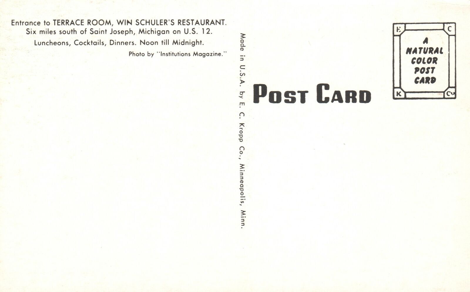 Vintage Postcard Entrance Terrace Rooms Win Schuler's Restaurant St